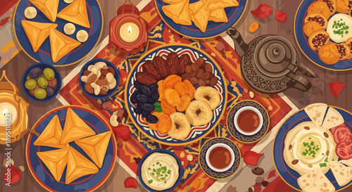 Traditional Iftar Food Table Top View Vector