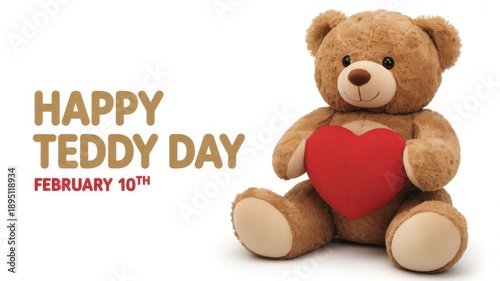 Plush teddy bear holding red heart for Happy Teddy Day on February 10th isolated on white background