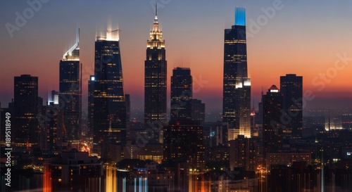 Wallpaper Mural Gleaming city skyline at dusk with illuminated skyscrapers reflecting in the water below. Torontodigital.ca