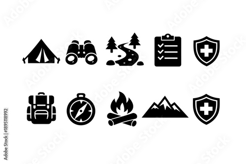 Camping and hiking solid icon set. Outdoor adventure, nature icons solid collection