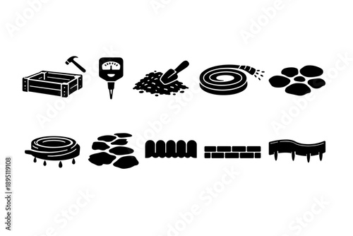 Gardening tools silhouette icon set. Plant, soil, tools silhouette collection