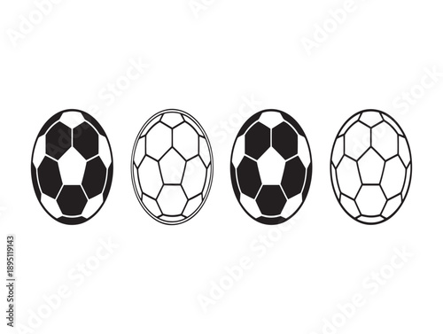 Four vintage style soccer balls in a row black and white illustration isolated on white background