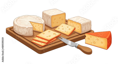 Assortment of cheese varieties displayed on a wooden board with a knife, showcasing different textures and colors, captured from a top-down view, surrounded by a rustic environment.