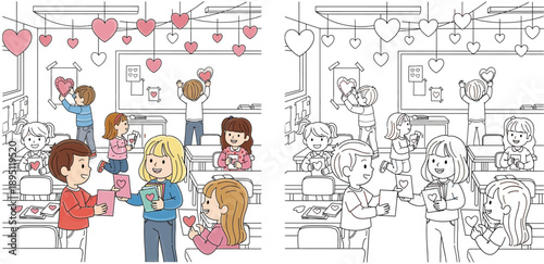 Kids exchanging Valentine cards in classroom coloring page vector. Children celebrating holiday with heart decorations for school activity illustration.
