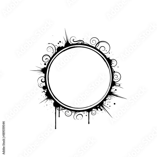 Ornate circular frame design with ink splatters, swirls, and drips on a black background isolated on transparent background