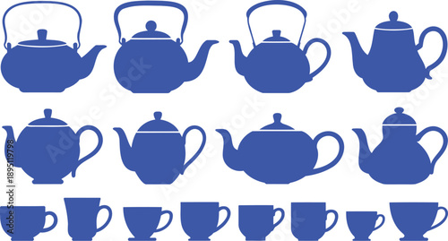 Collection of blue teapots and cups silhouettes