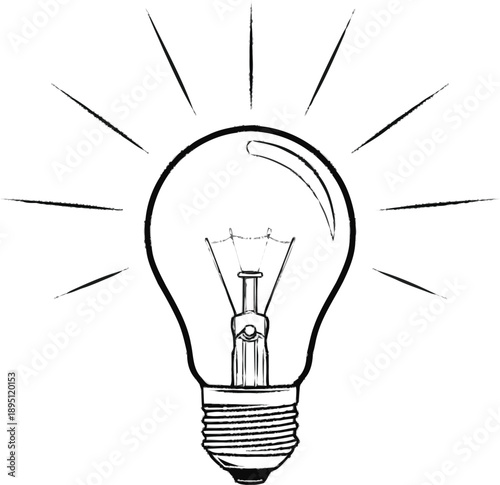 Hand drawn sketch of glowing light bulb, symbol of idea, innovation and creativity, isolated