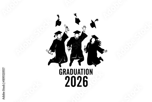 Happy Graduates Throwing Caps Silhouette Vector for Class of 2026, College Graduation Celebration and Success Graphic, Students Jumping in Academic Gown
