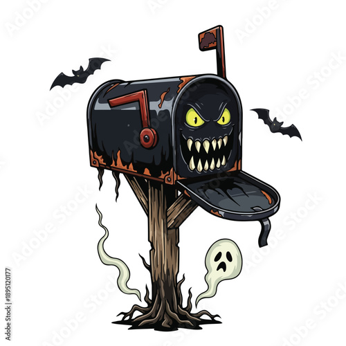 Halloween Mailbox with Menacing Face and Bats.