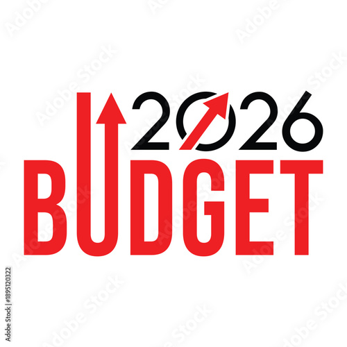 Modern 2026 Budget graphic featuring bold black typography with a red upward growth arrow inside the zero, set against a vibrant red banner. Ideal for financial planning and annual fiscal reviews.