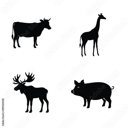 Farm and wild animal silhouettes cow giraffe moose pig