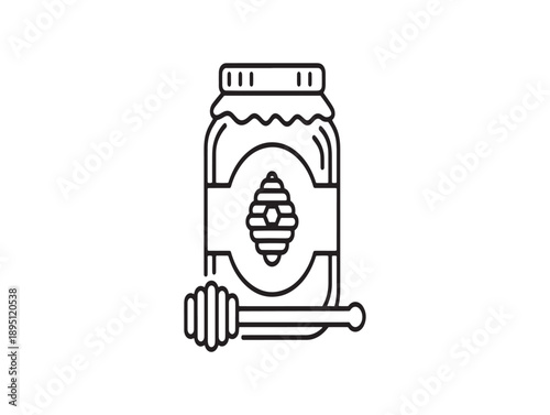 Hand drawn illustration of a honey jar with a wooden dipper on a white background