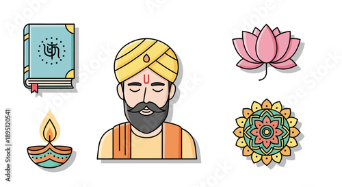 Collection of Hindu religious and cultural icons including a holy book, guru, lotus flower, diya lamp, and mandala design.