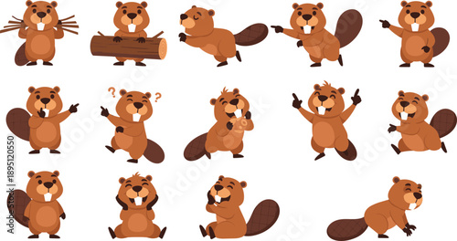 Cute beaver cartoon characters showing various emotions and actions vector illustration set
