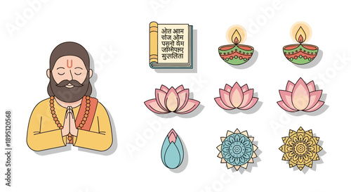 Illustration of a Hindu sage, sacred scroll, lotus flowers, and traditional lamps representing Indian culture and spirituality.