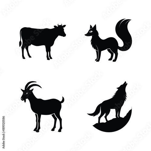 Farm and wildlife silhouettes cow fox goat wolf