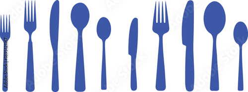 Collection of blue forks knives and spoons silhouettes