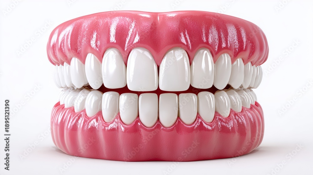 Obraz premium 3D model of human teeth in a front view, showcasing detailed dental anatomy with a pink gum line against a clean white background, ideal for educational and commercial use