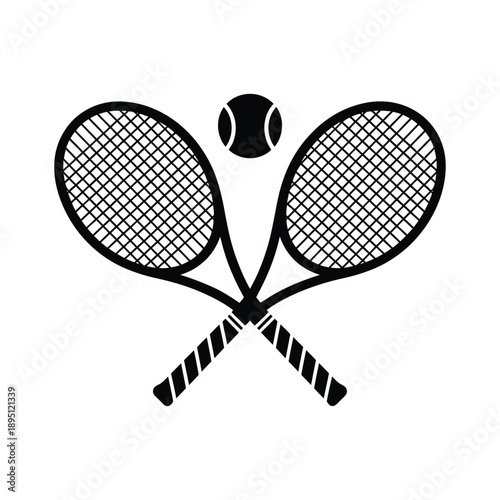 Black and white illustration of two tennis rackets and a ball