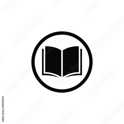 Simple black and white icon of an open book within a circle