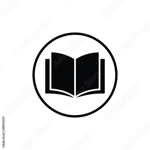 Simple black and white icon of an open book within a circle