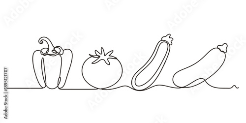 Continuous line drawing of four fresh vegetables including bell pepper, tomato, and zucchini Vector, illustration