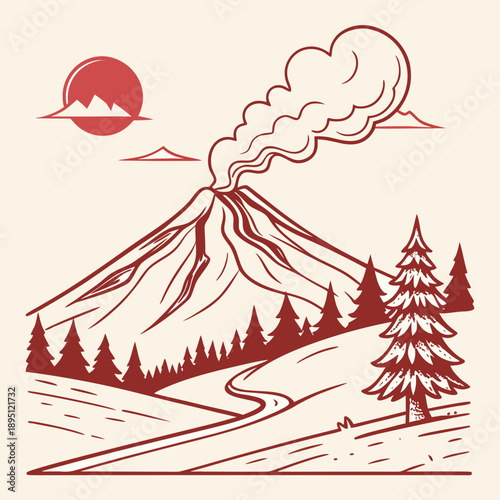 Volcanic eruption in forest landscape