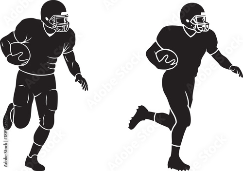 American football players in silhouette, one running with ball, one in action pose