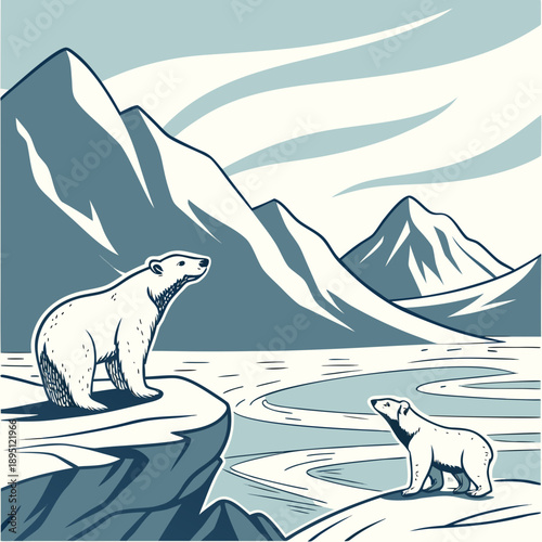 Polar bears in arctic landscape