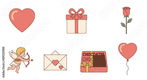 Valentine's Day Icons: Heart, Rose, Cupid, Gift Box, Envelope, Chocolate, Balloon