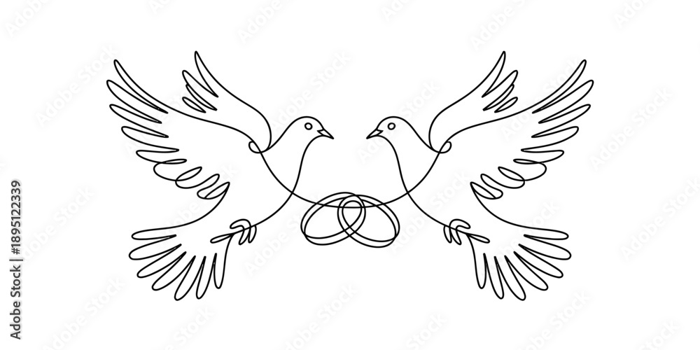 Obraz premium Continuous line drawing of two doves holding wedding rings in a minimalist style Vector, illustration
