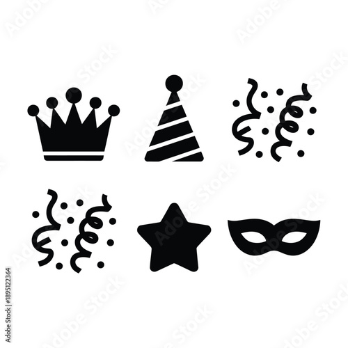 Black silhouette icons depicting various party and celebration elements
