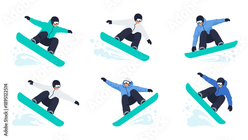 Dynamic set of snowboarders performing exciting jumps in stylish winter apparel