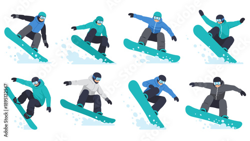Dynamic snowboarding poses: eight flat design snowboarders in action