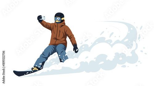 Snowboarder taking selfie in action on snowy slope
