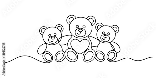 A continuous line art drawing illustrating three teddy bears sitting together as a family. Vector, illustration