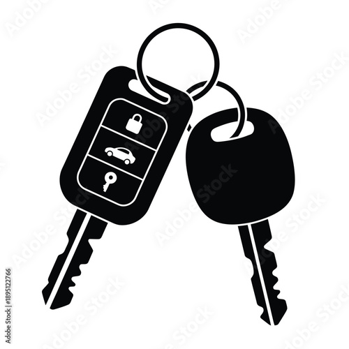 Black and white illustration of car keys with a remote and key fob