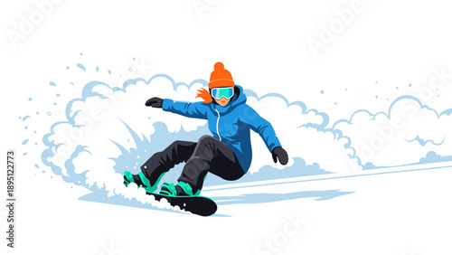 Snowboarding adventure with snow spray and colorful winter gear