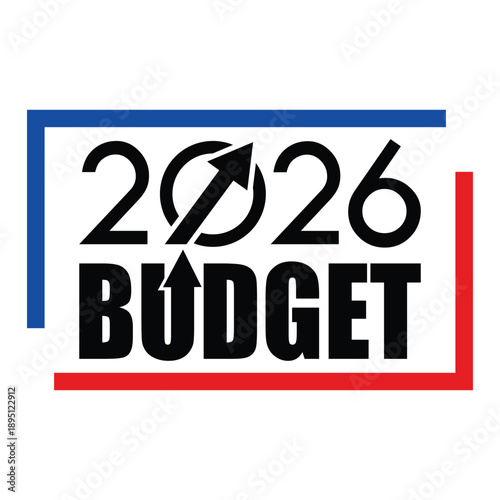 2026 Budget graphic featuring bold black text inside a red and blue geometric frame. Modern layout with numbered blocks, perfect for financial presentations and annual report covers.