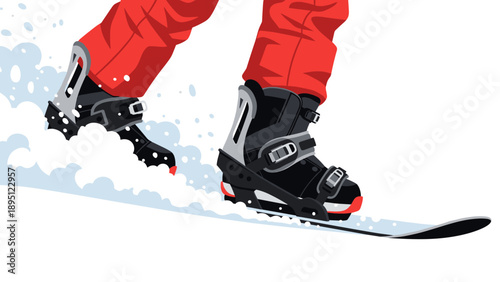 Snowboarding action with red pants and snow splash in modern flat design