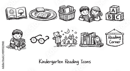 A collection of hand-drawn black and white icons illustrating elements of early childhood reading, including books, children, and educational toys, perfect for learning materials.
