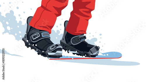 Skier in red pants gliding downhill on blue snow with splashes