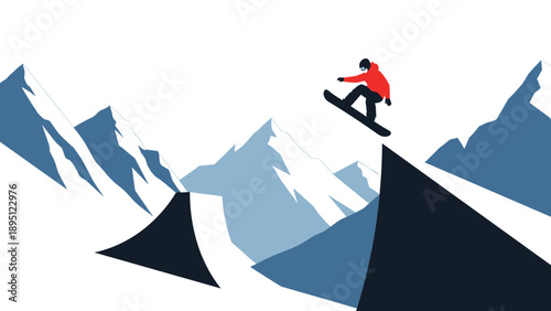 Snowboarder in mid-air against geometric mountain peaks