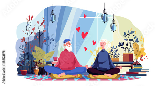 Senior couple meditation love active aging wellness yoga plants cozy home interior hearts window relaxation modern lifestyle