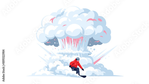 Snowboarder racing downhill in explosive powder burst background