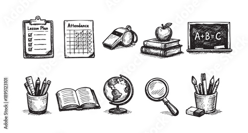 Hand-drawn illustration of school supplies including lesson plan, attendance sheet, apple, books, blackboard. Ideal for educational, teaching, and back-to-school themes.