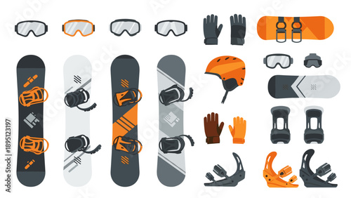 Winter sports gear collection featuring snowboards and accessories in flat design