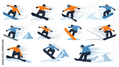 Dynamic snowboarding poses with speed and style in winter sports