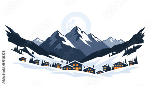 Nighttime village in snowy mountains under full moon