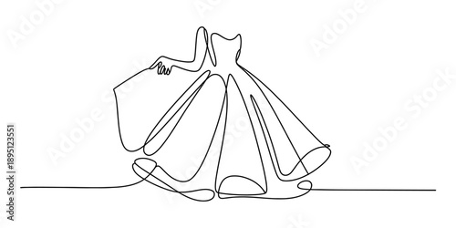 A minimalist continuous line drawing depicting an elegant formal dress with a full skirt Vector, illustration